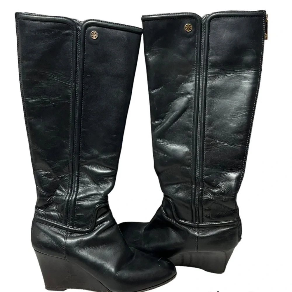 Tory Burch Black Irene Wedge Equestrian Leather Calf Boots/Booties